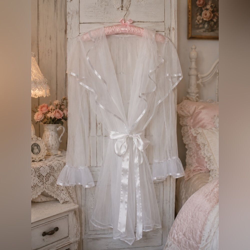 *Cinema Etoile* Sz L 🌺COQUETTE🌺 Sheer *RARE* Shawl-Collar Ruffle Bed Jacket